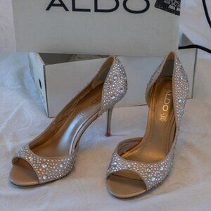 3" champagne satin peep-toe heels covered in rhonestines